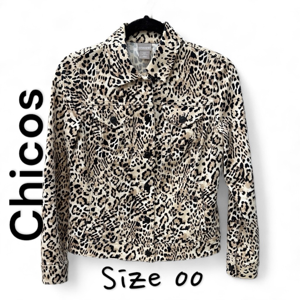 Chico’s Animal Print Denim Jacket Size 00 (0-2) EUC